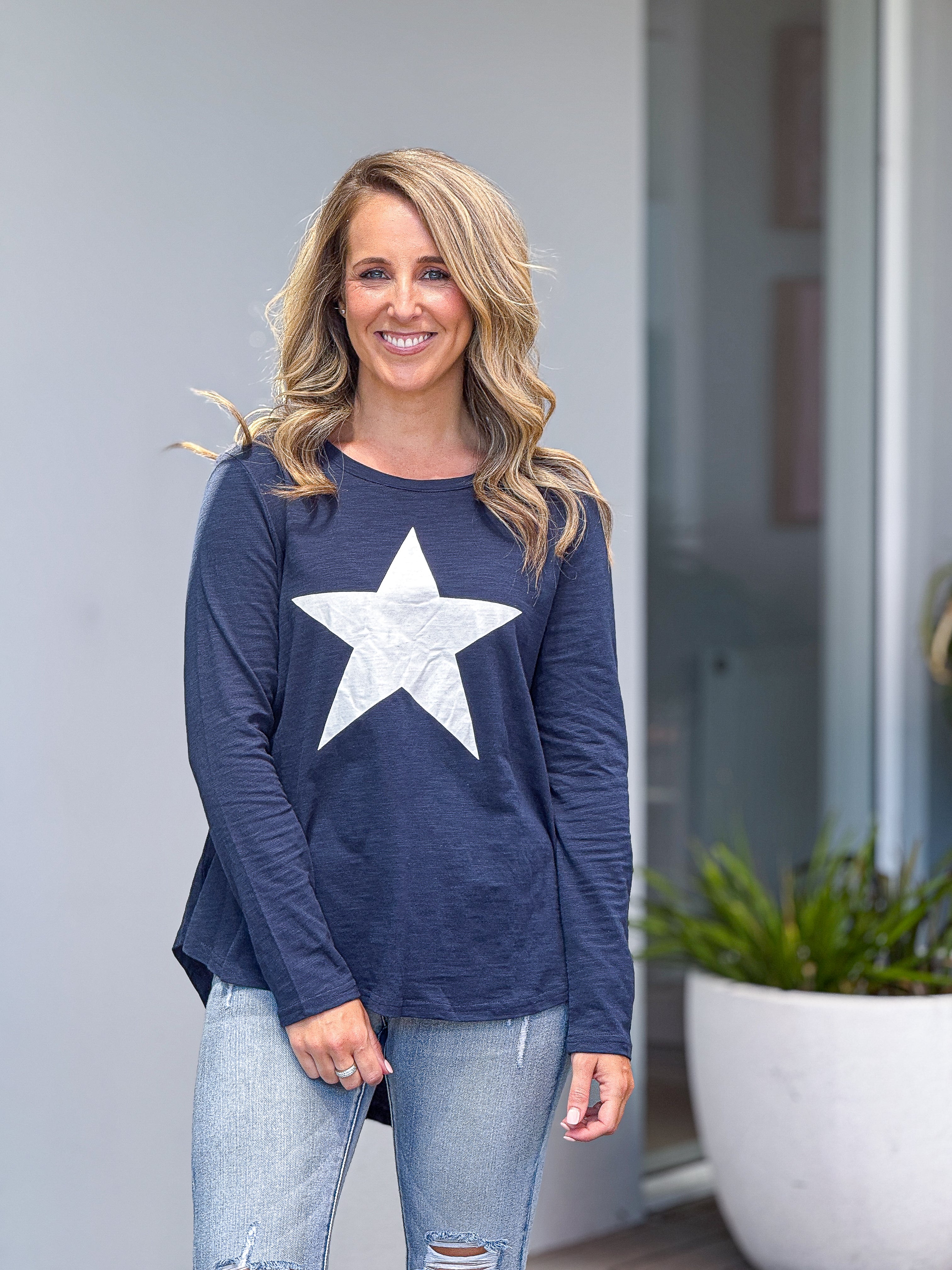 Adriana Long Sleeve Printed Tee - Navy/ White Star