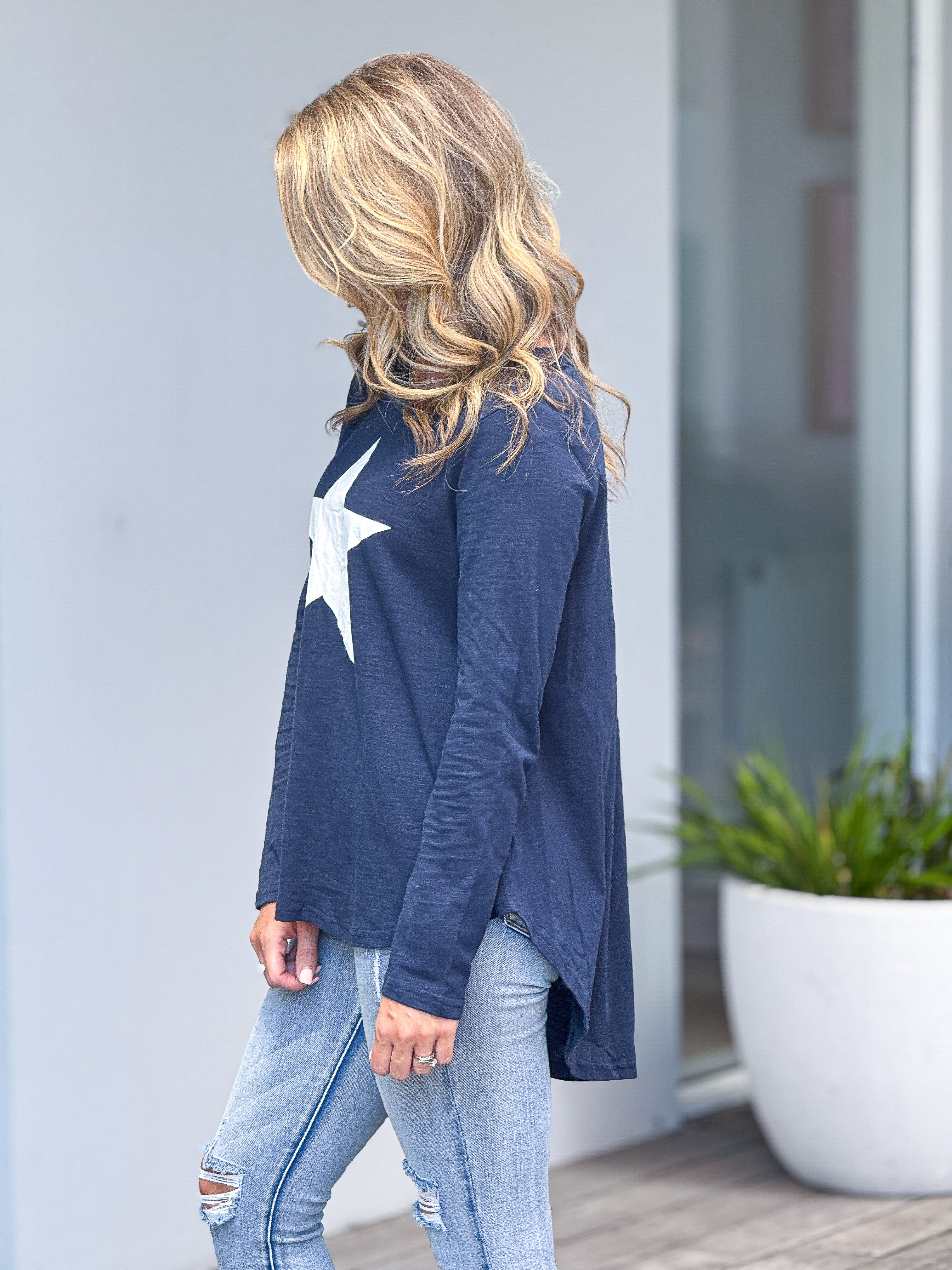 Adriana Long Sleeve Printed Tee - Navy/ White Star