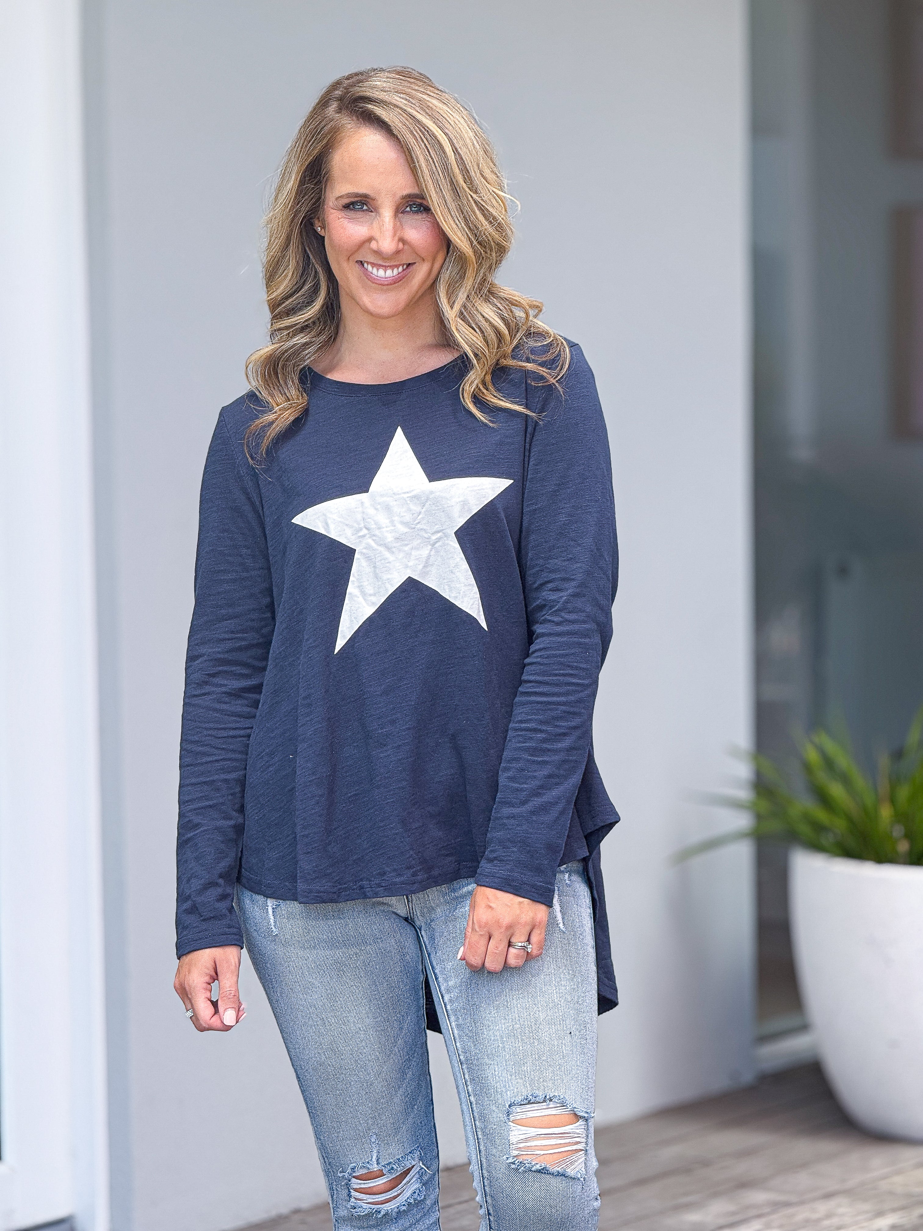 Adriana Long Sleeve Printed Tee - Navy/ White Star