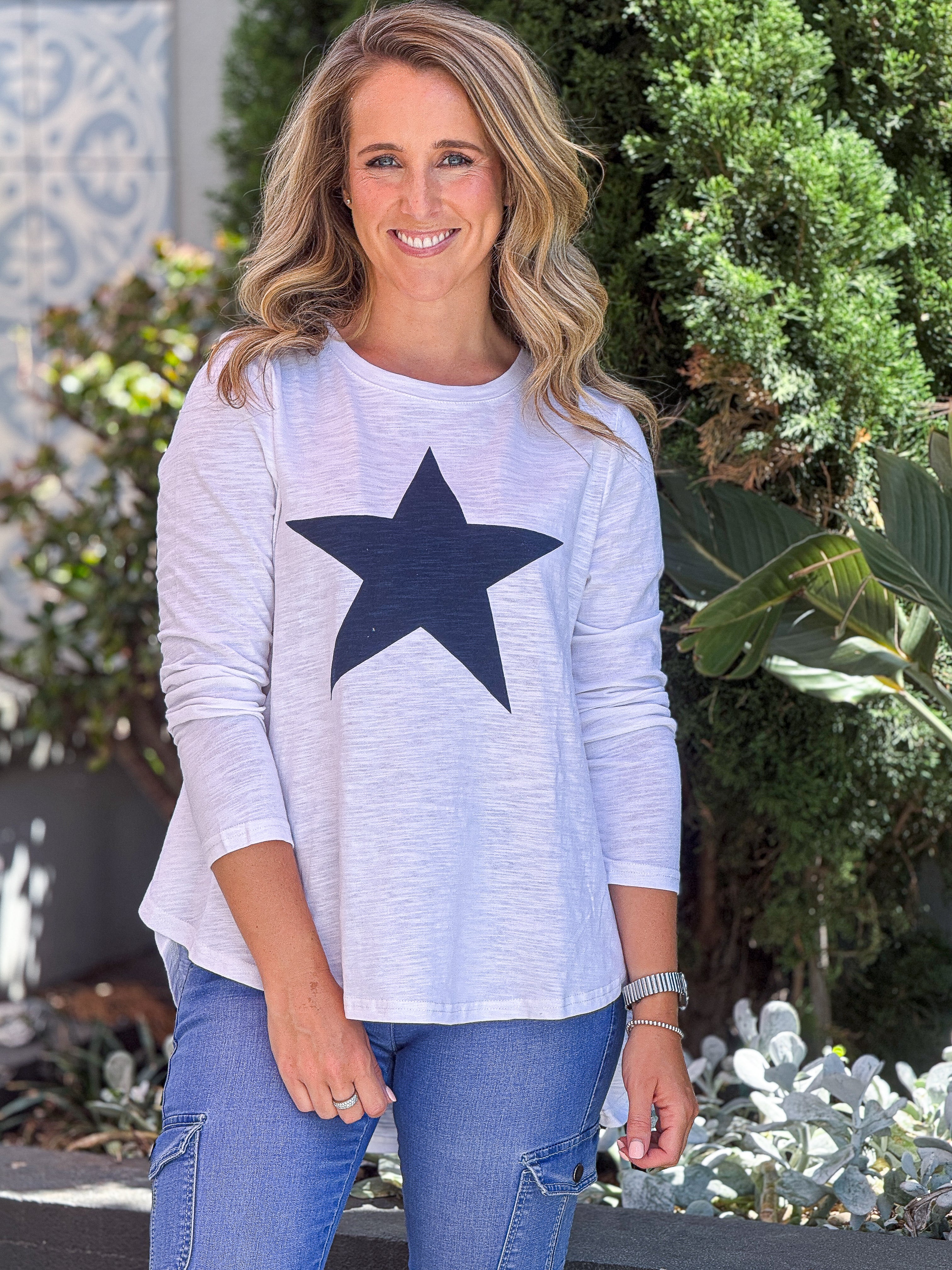 Adriana Long Sleeve Printed Tee - White/ Navy Star