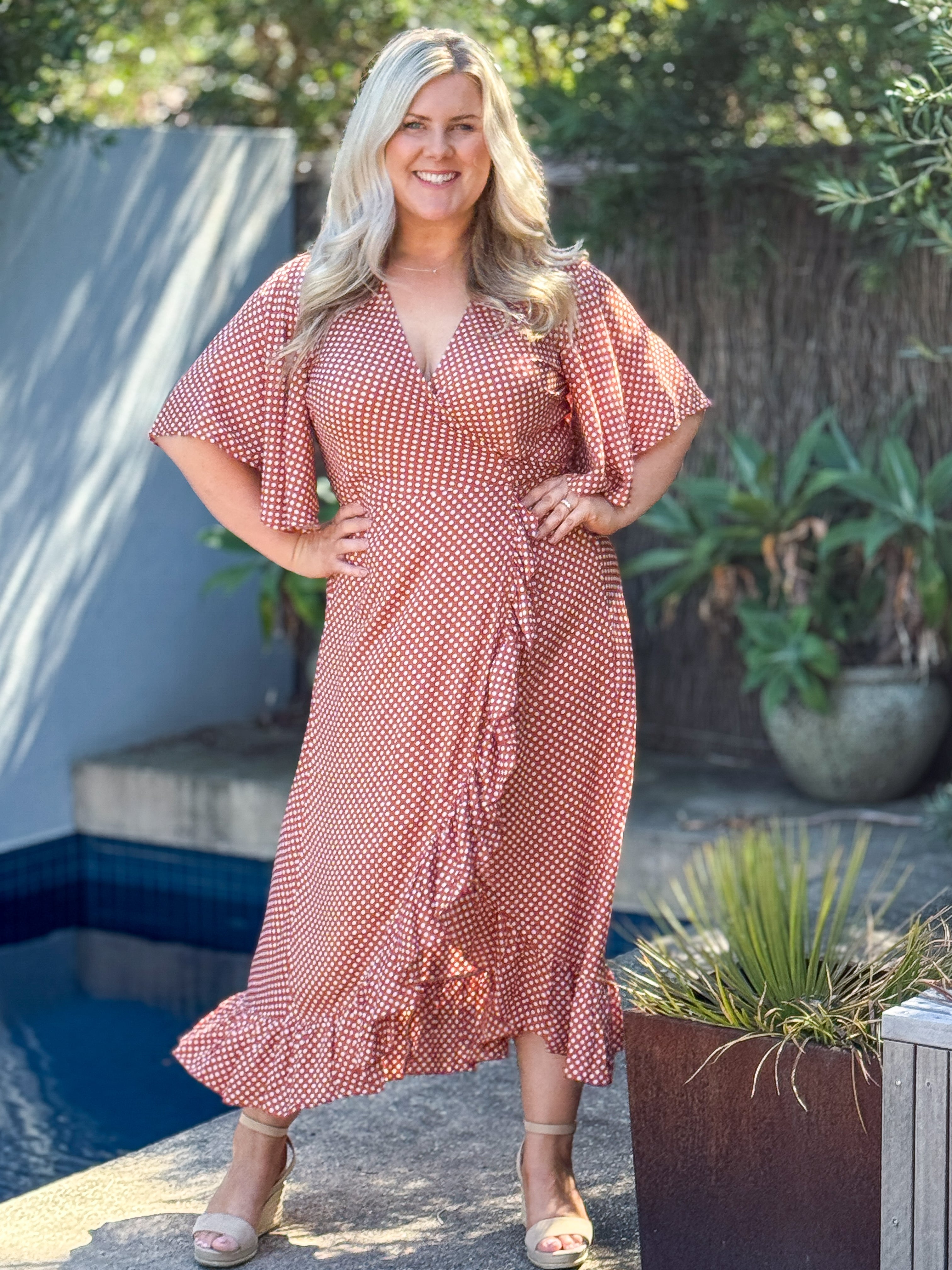 Cordelia Bell Sleeve Maxi Wrap Dress - Polka Dot