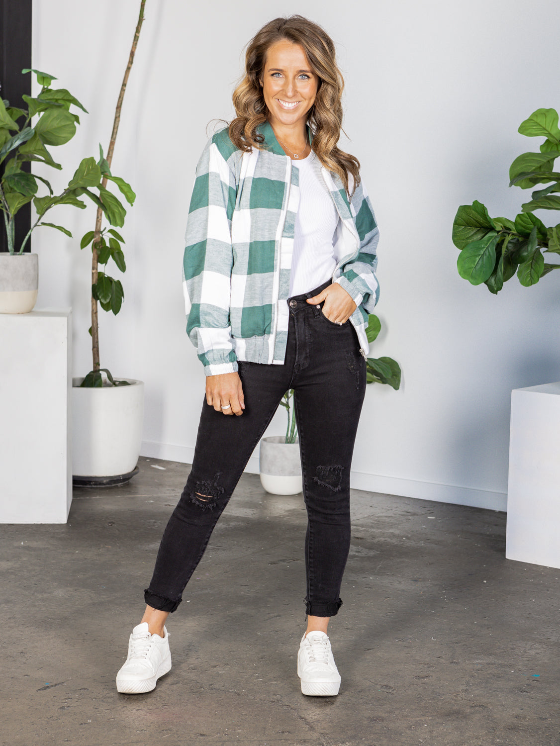 Willow Check Bomber - Rosemary/White