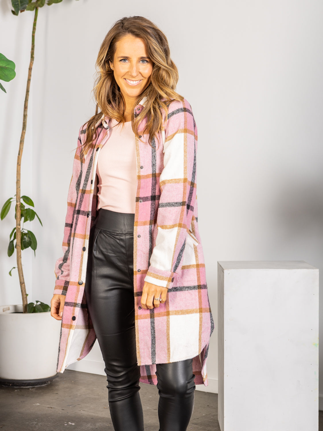 Paige Longline Shacket - Pink Check