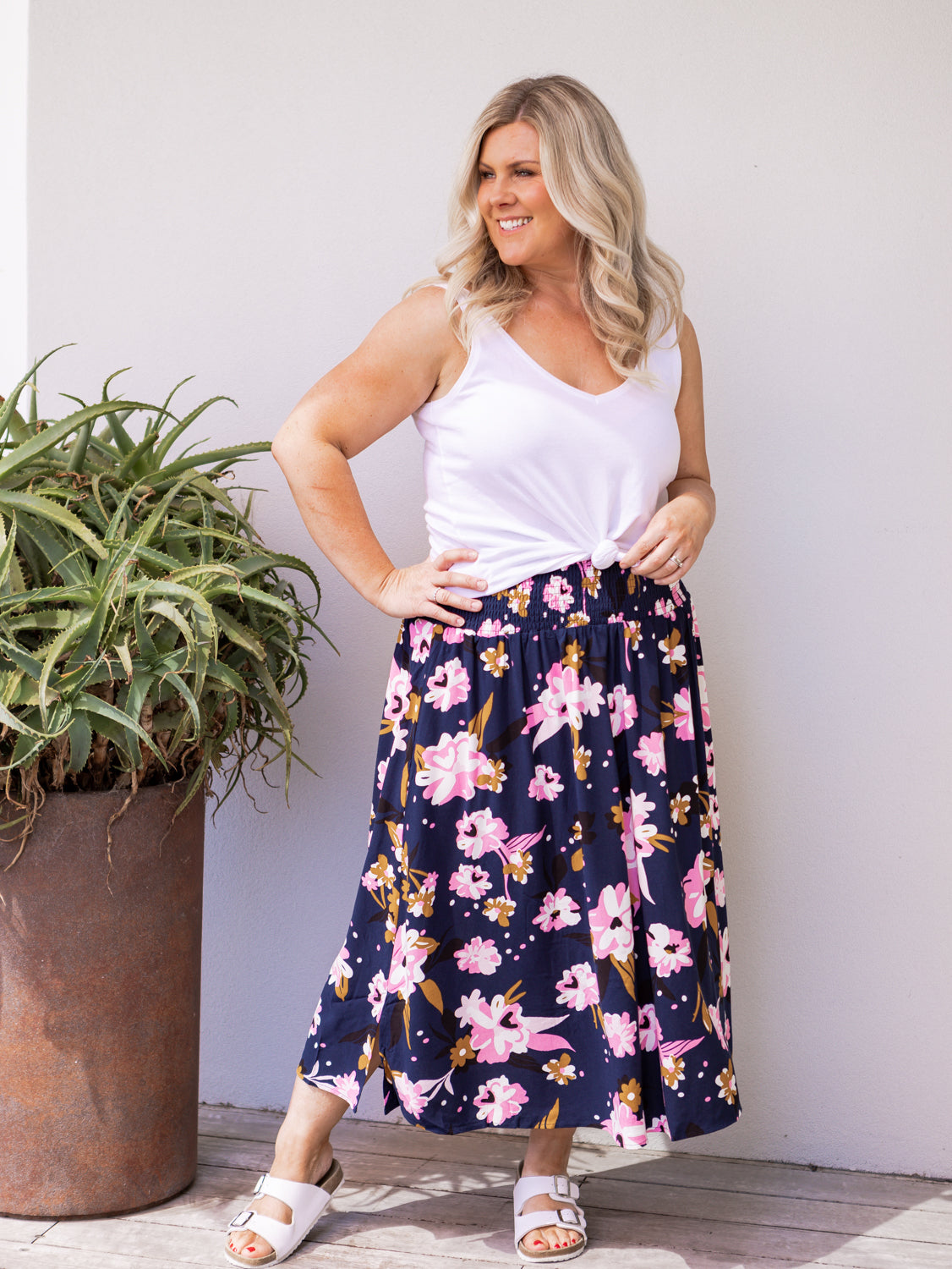 Valentina Shirred Skirt - Navy Floral