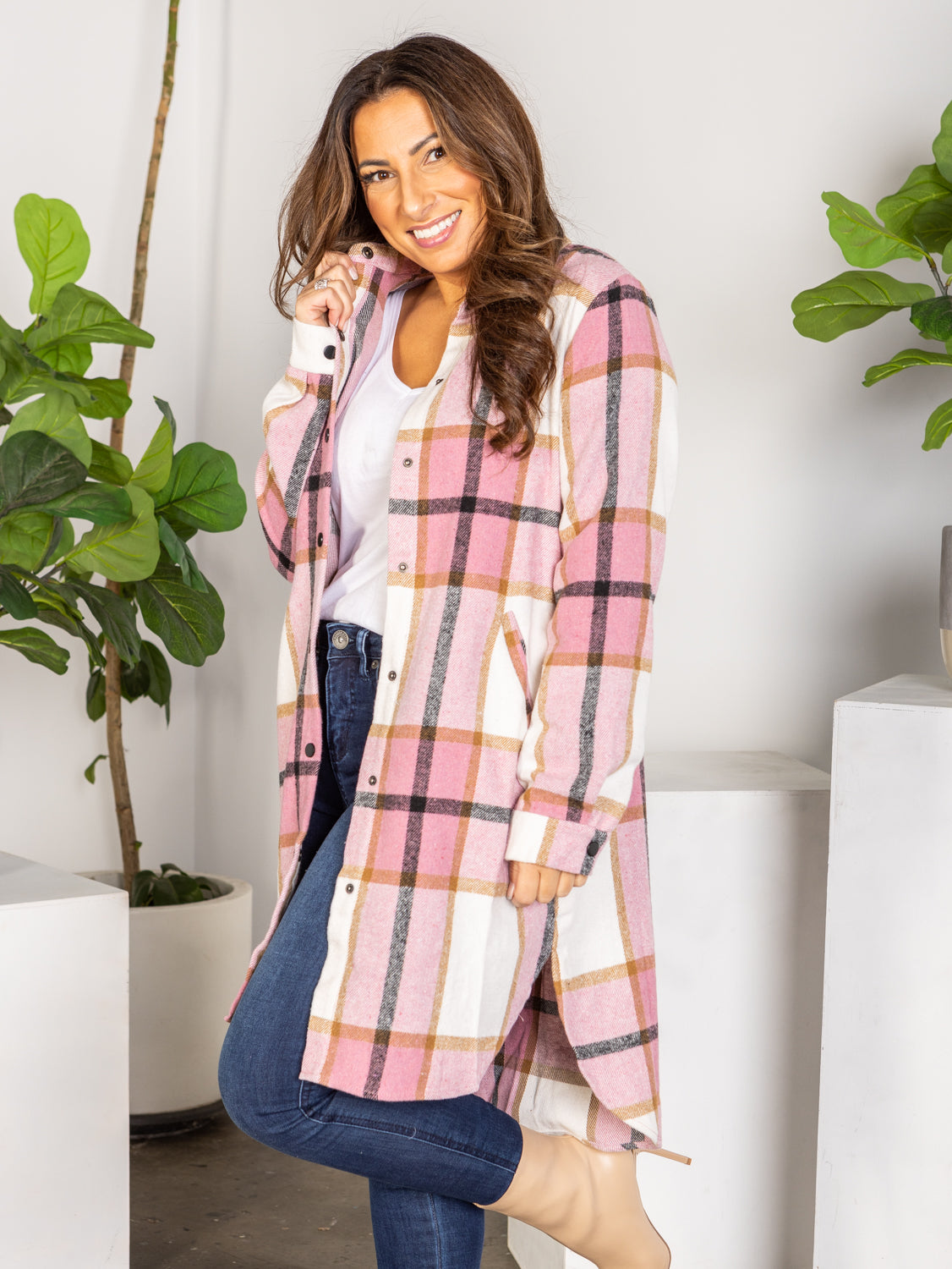 Paige Longline Shacket - Pink Check