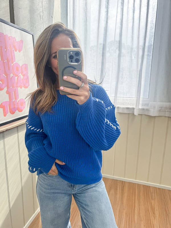Gabriella Knit Top - Blue/White