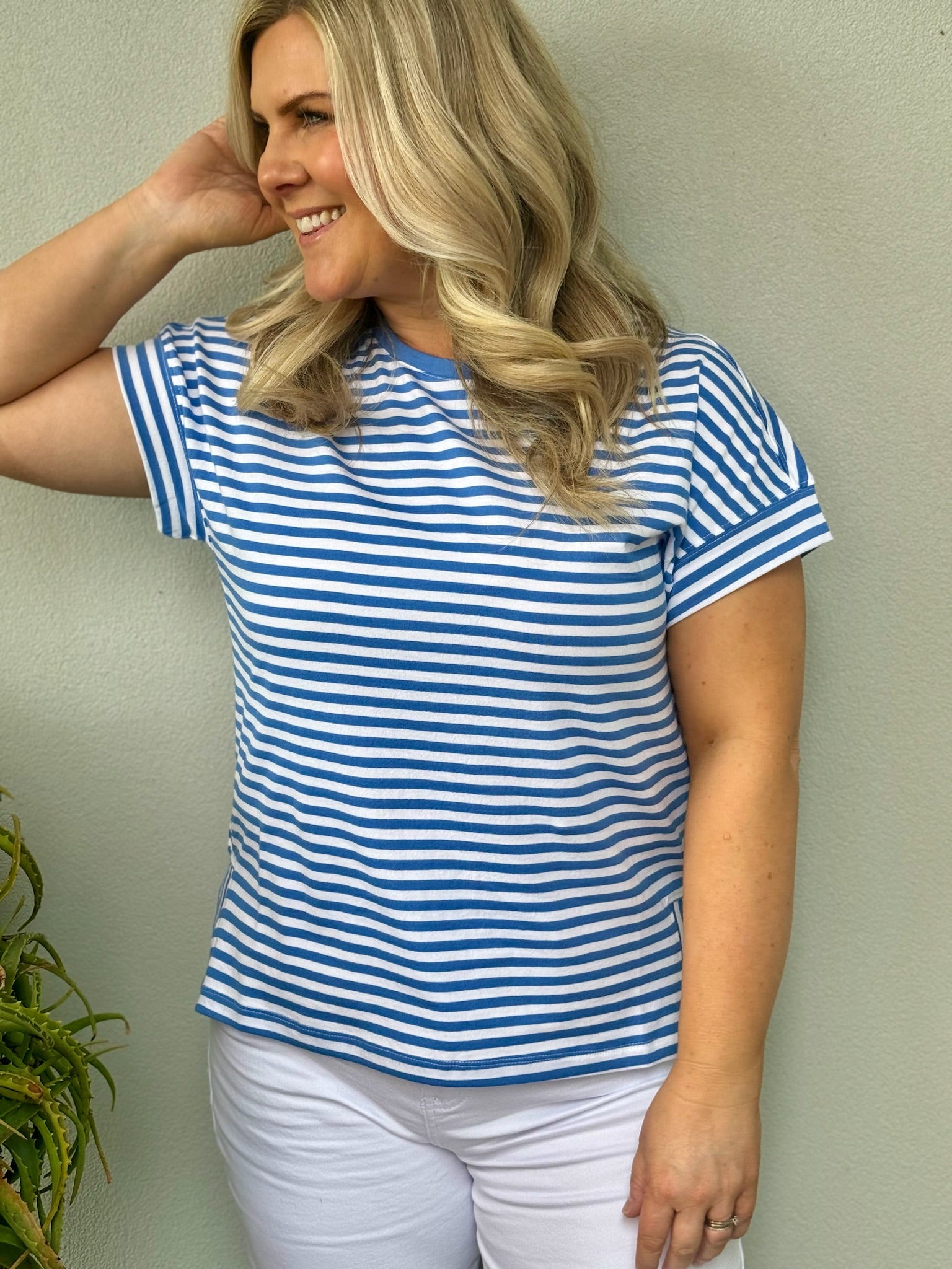 Yara Stripe Short Sleeve Tee - Ecru/Blue