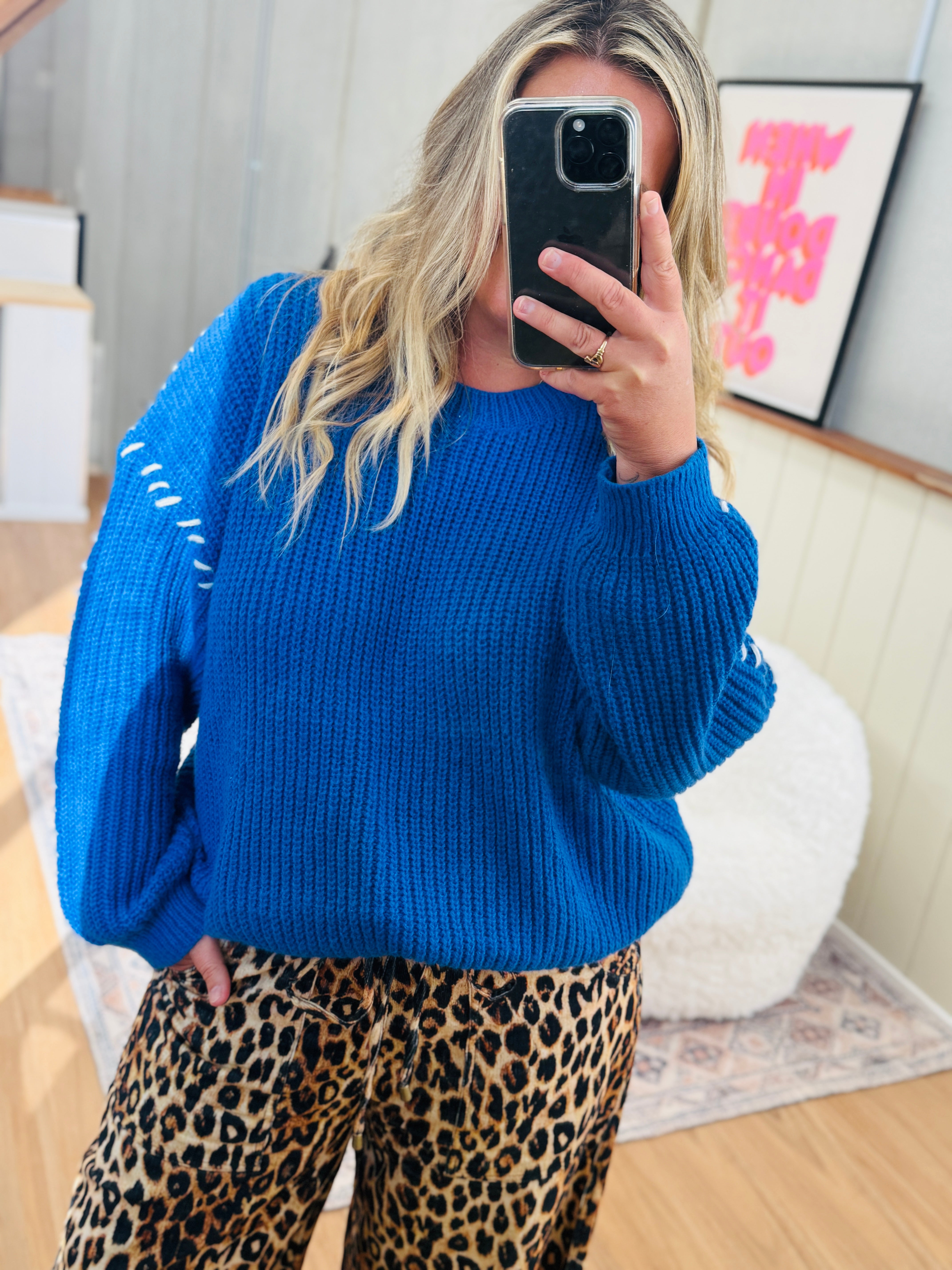 Gabriella Knit Top - Blue/White