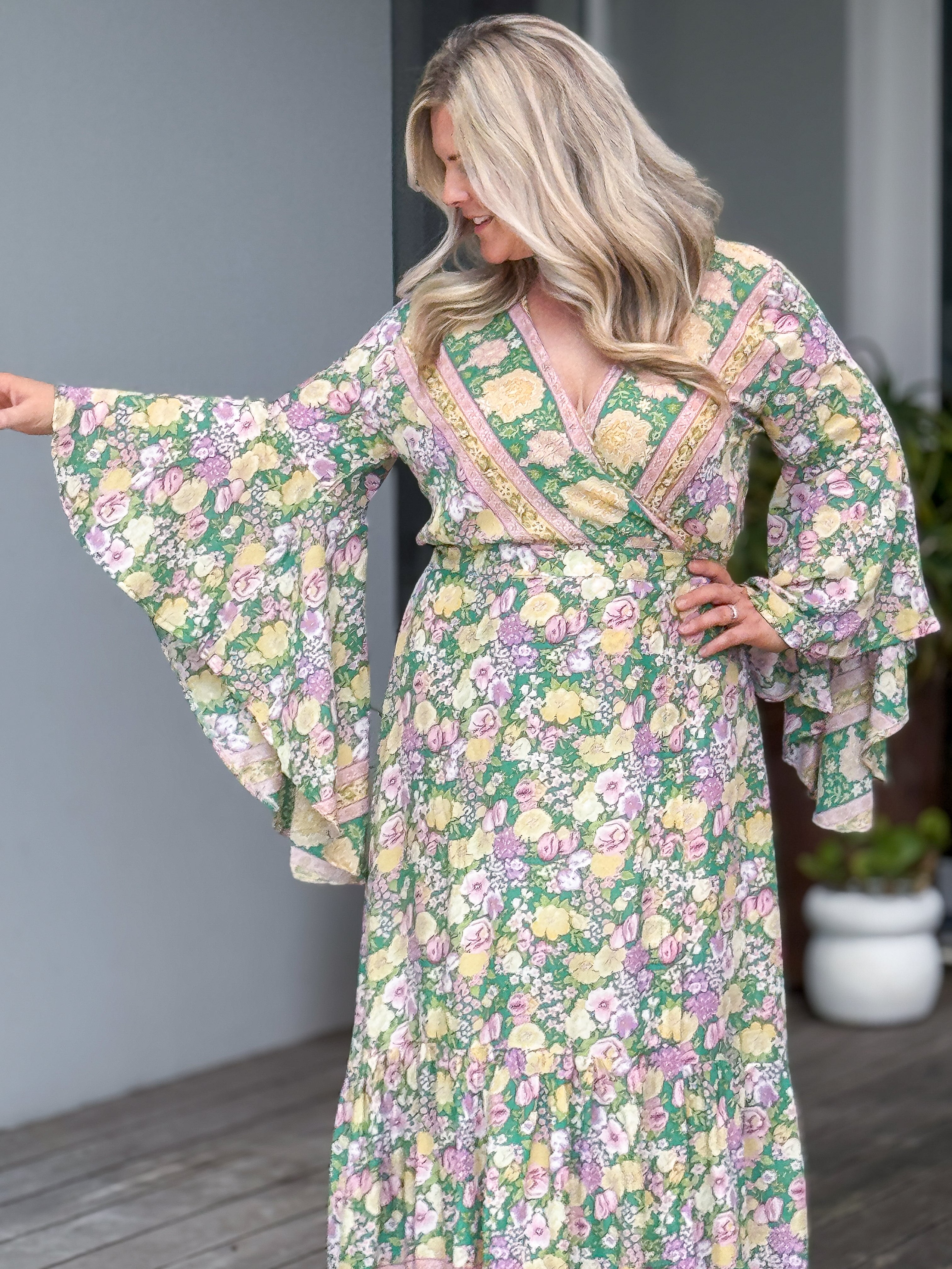 Leilani Maxi Wrap Dress - Green Floral