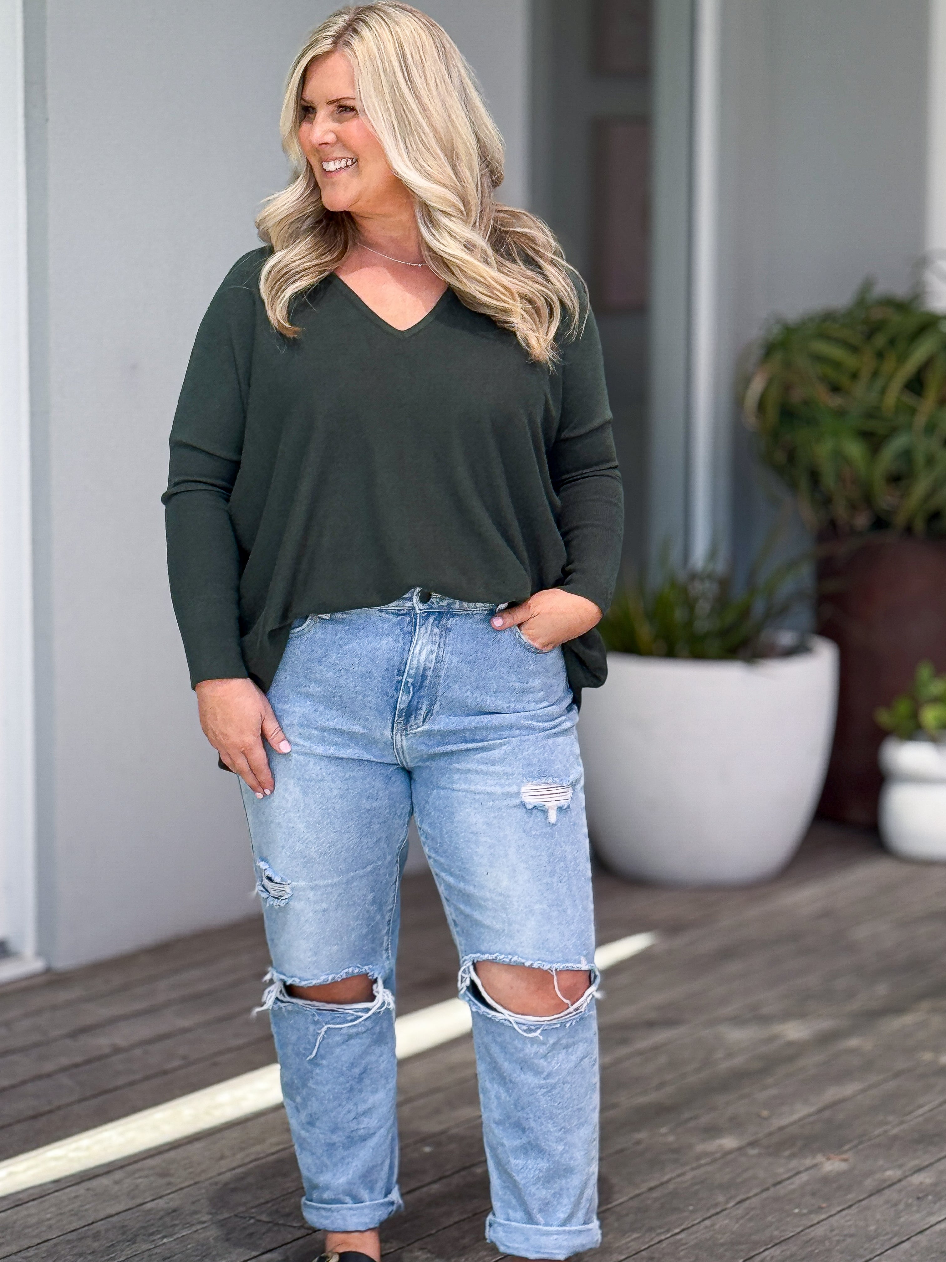 Nadia V Neck Knit - Dark green