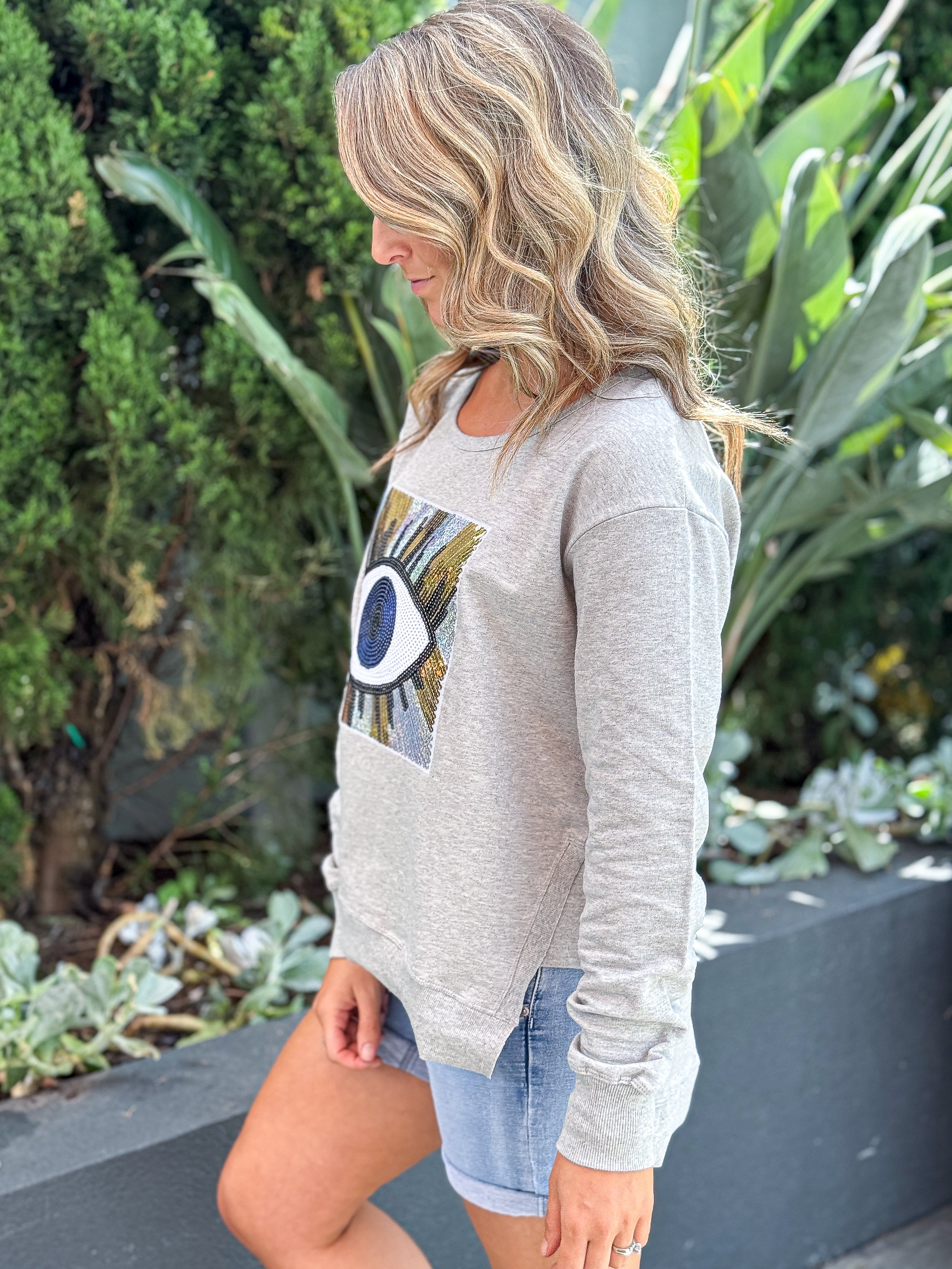 Suzie Sweater Grey Marle Evil Eye Gold