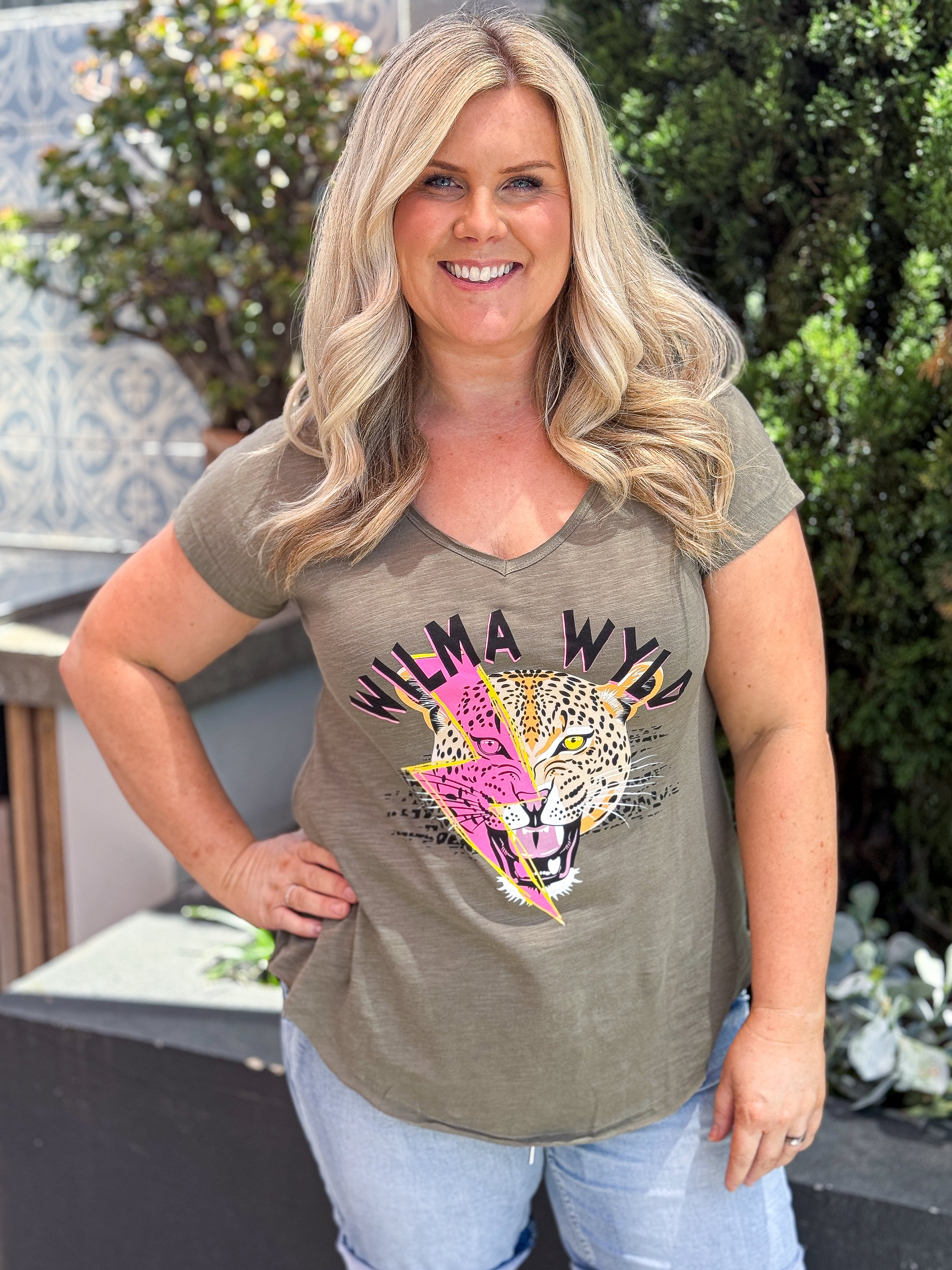 Tobi Tee Khaki - Pink Lightning Leopard