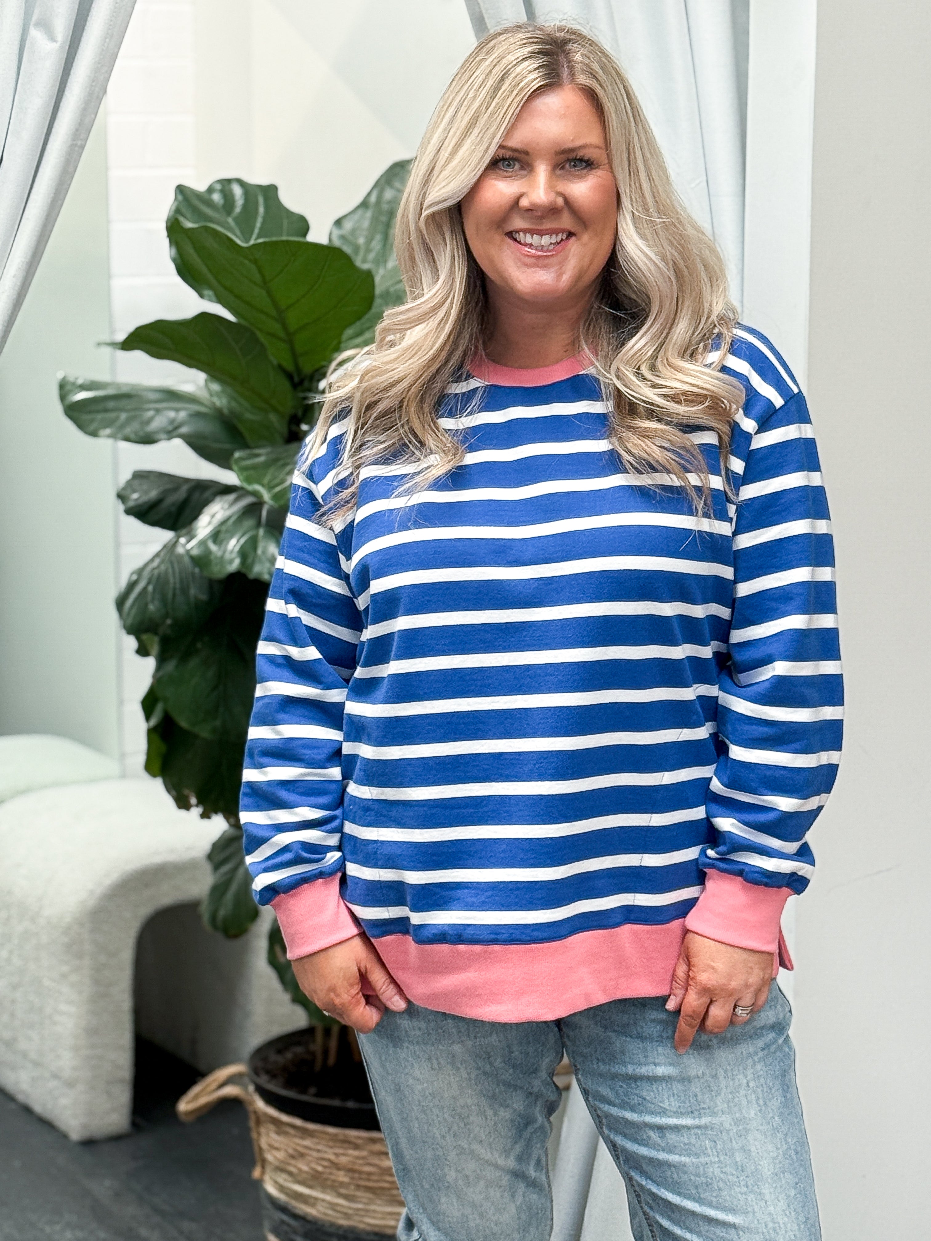 Tully Stripe Fleece Crew - French Blue