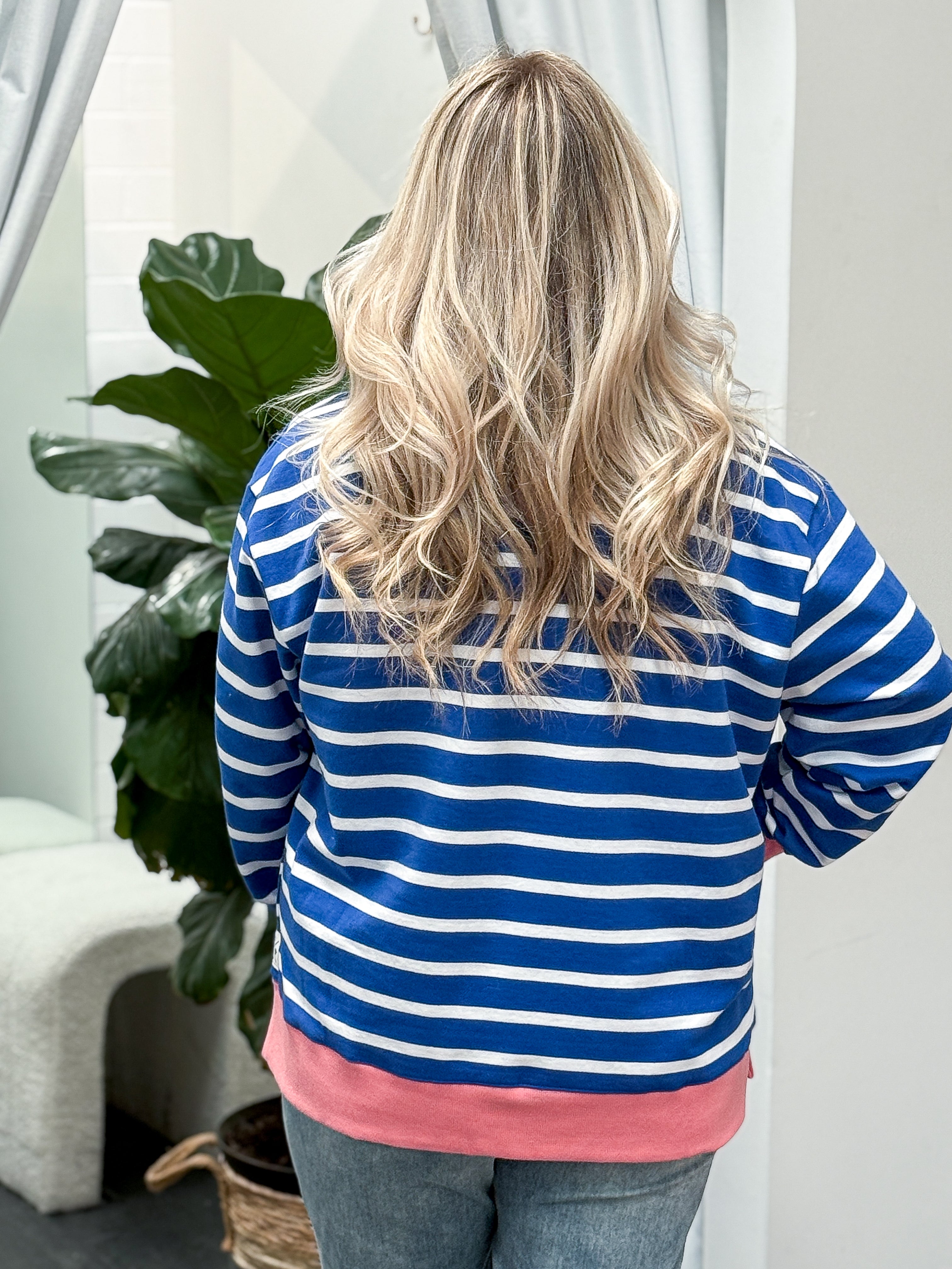 Tully Stripe Fleece Crew - French Blue