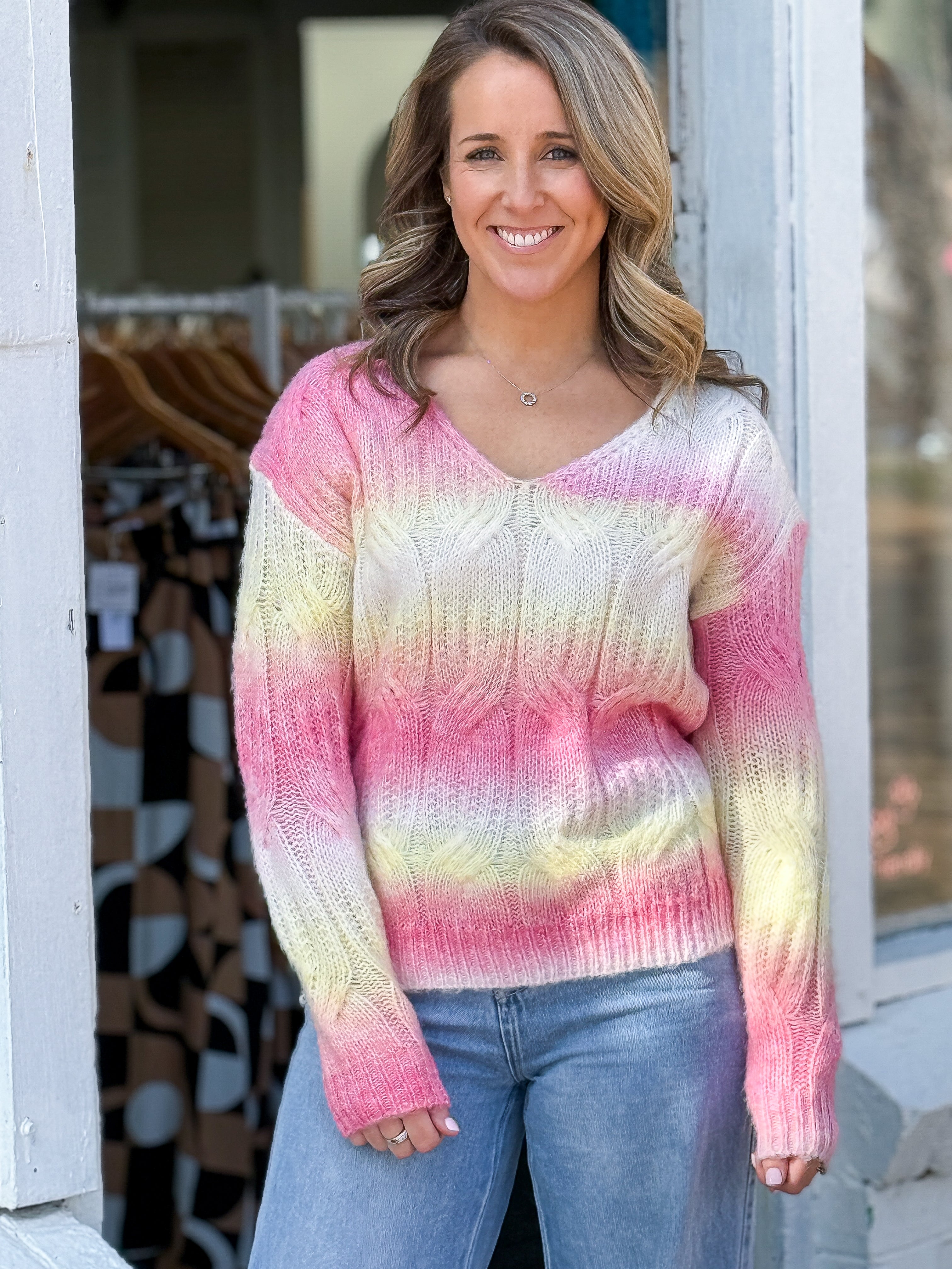Zanna V-Neck Jumper - Pink / Yellow