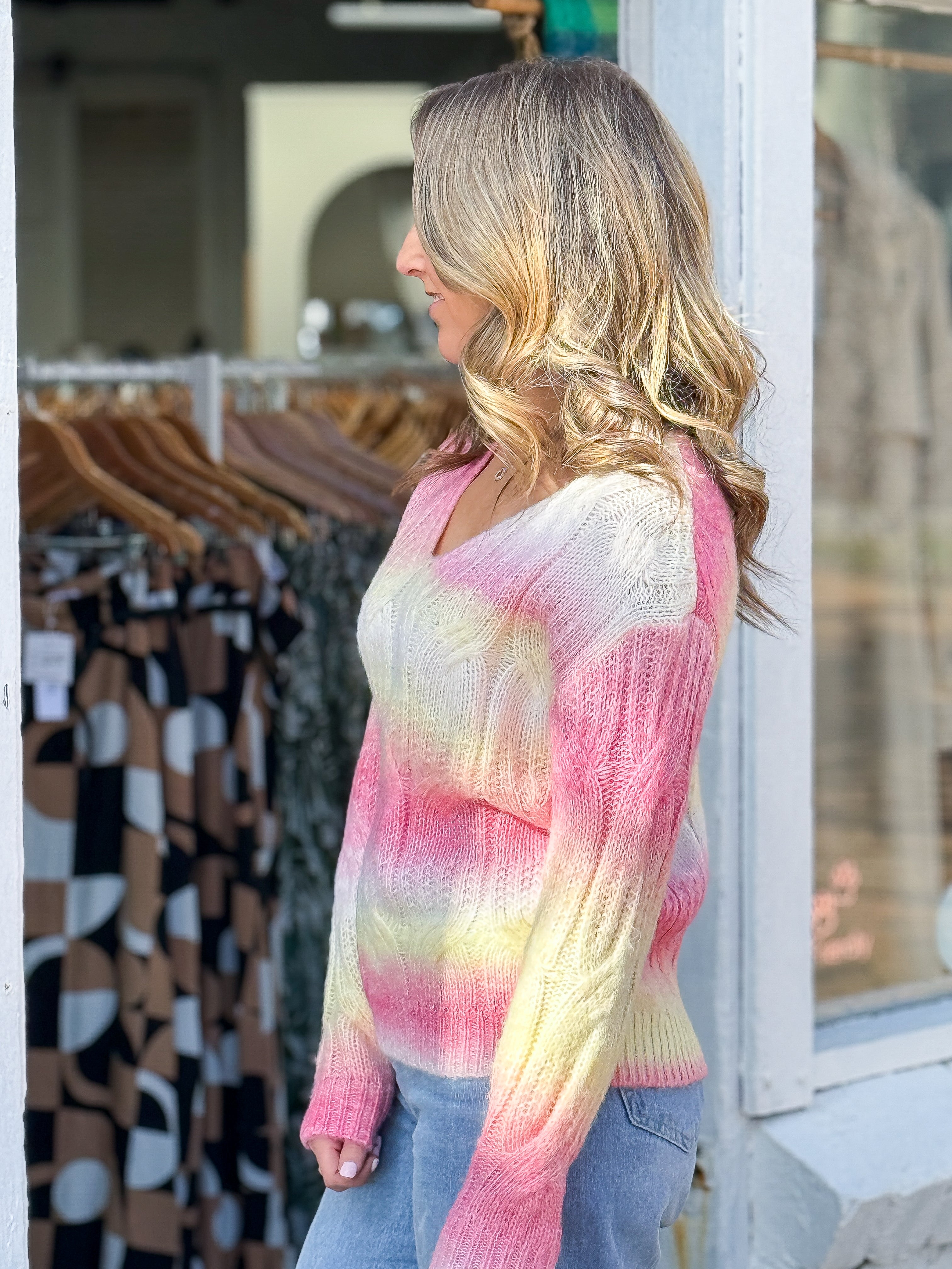 Zanna V-Neck Jumper - Pink / Yellow