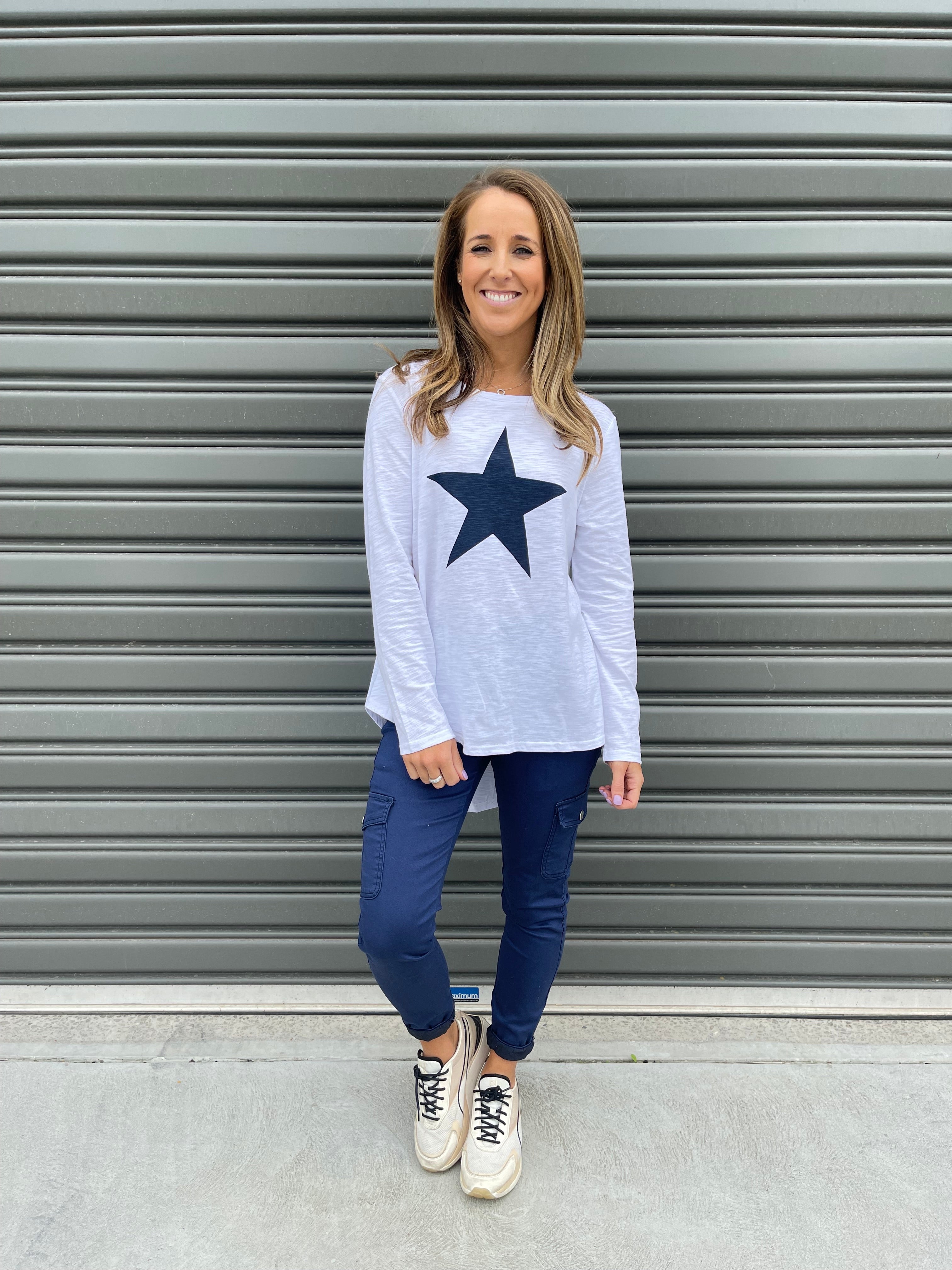 Adriana Long Sleeve Printed Tee - White/ Navy Star