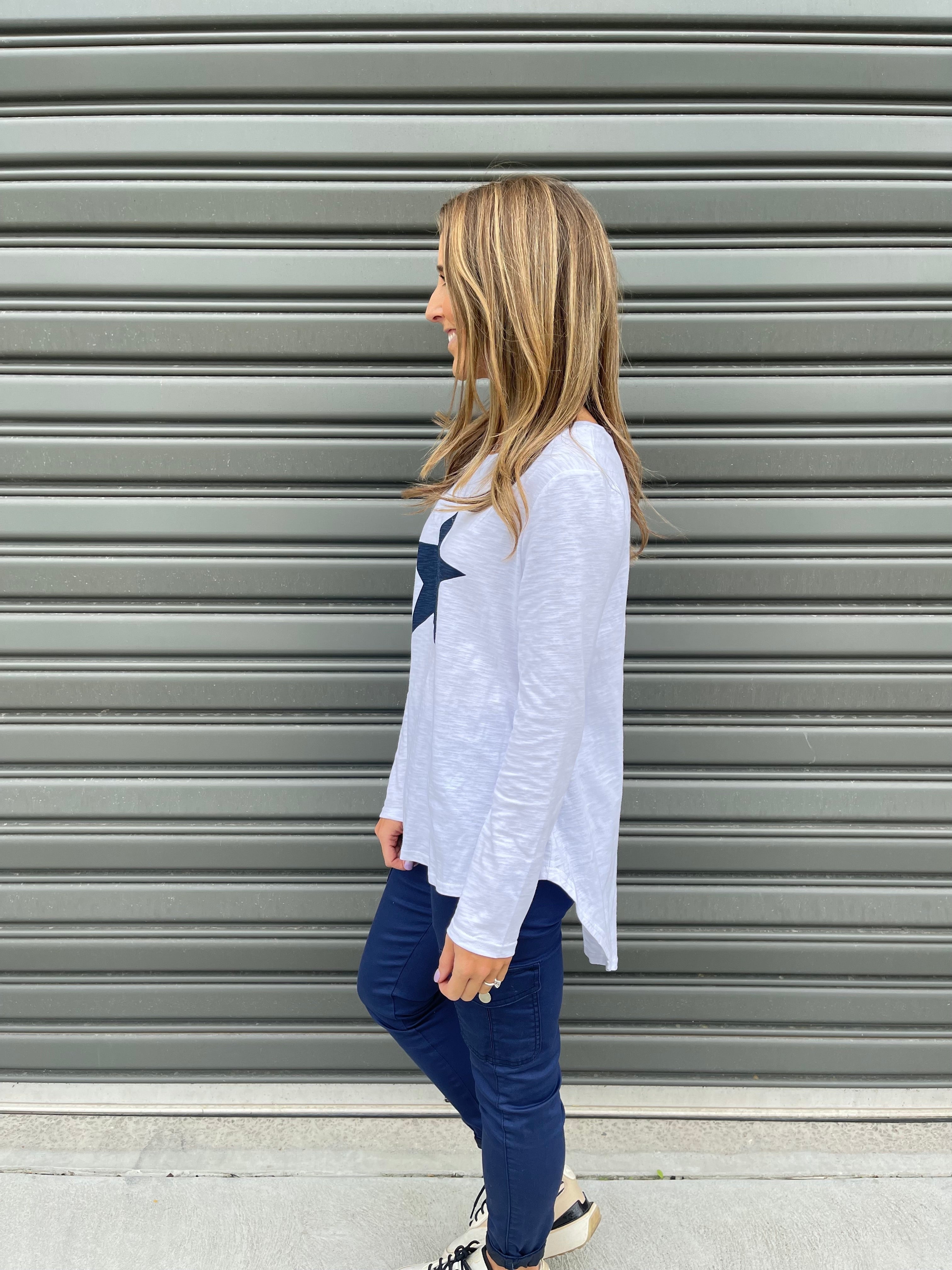 Adriana Long Sleeve Printed Tee - White/ Navy Star